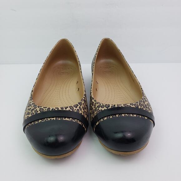 Crocs Womens Size 9 Brown Leopard Black Tie Slip On Comfort Ballet Flats Shoes - Picture 5 of 11